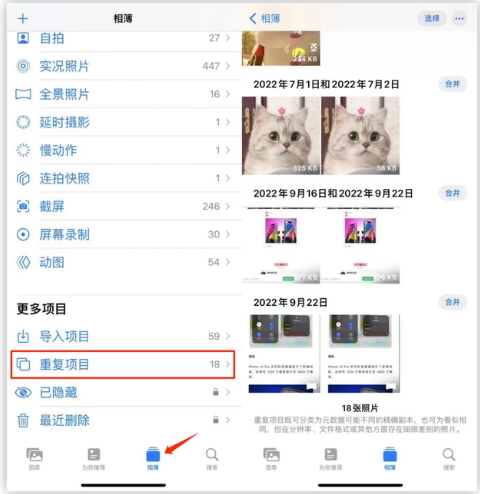 阜平苹果手机维修分享iOS 16 中相册重复项目功能使用方法 